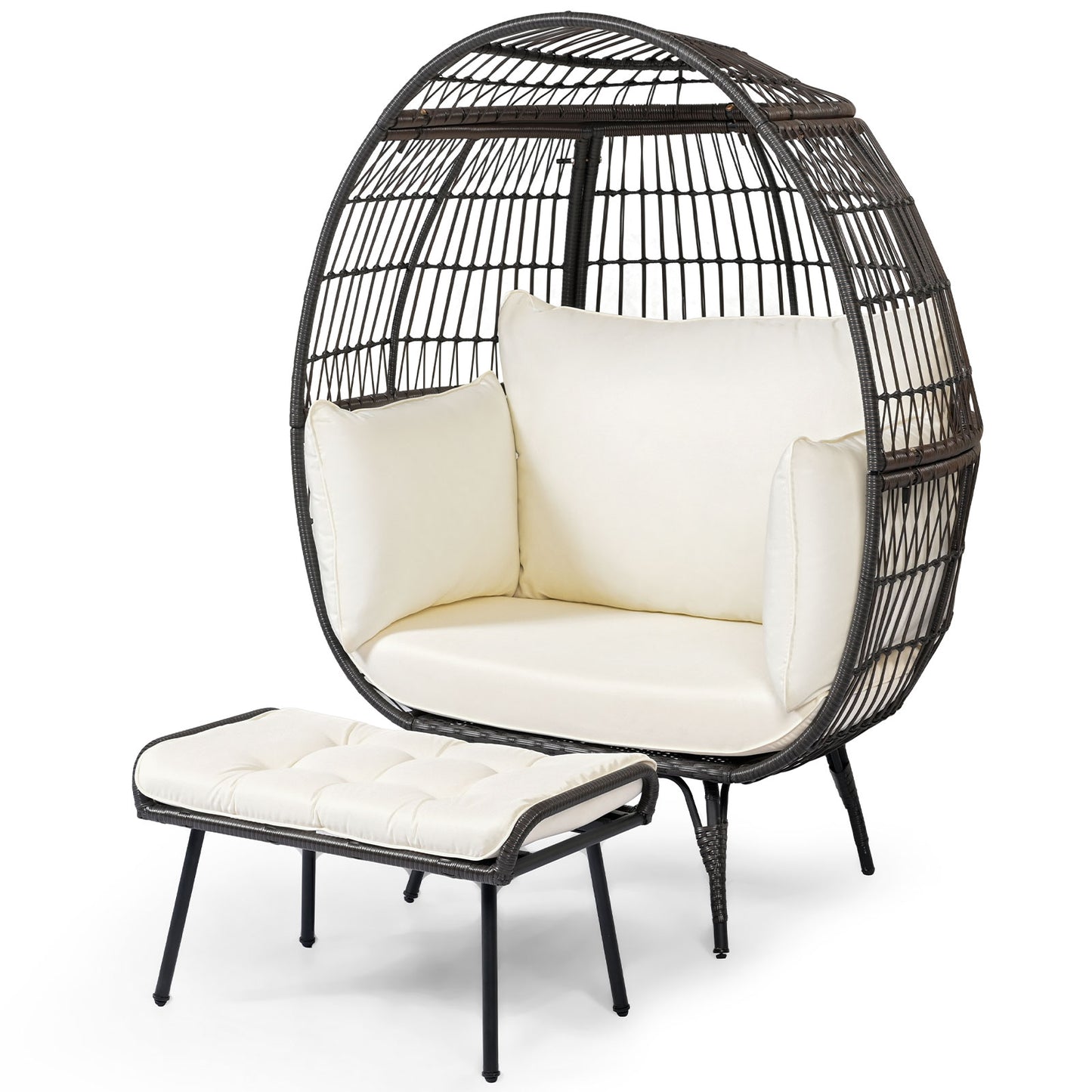 Oversized Patio Rattan Egg Lounge Chair with 4 Cushions-Light Brown - White