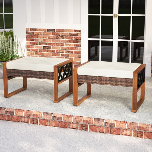 PE Rattan Wicker Ottomans Set of 2 with Removable Cushions-Beige