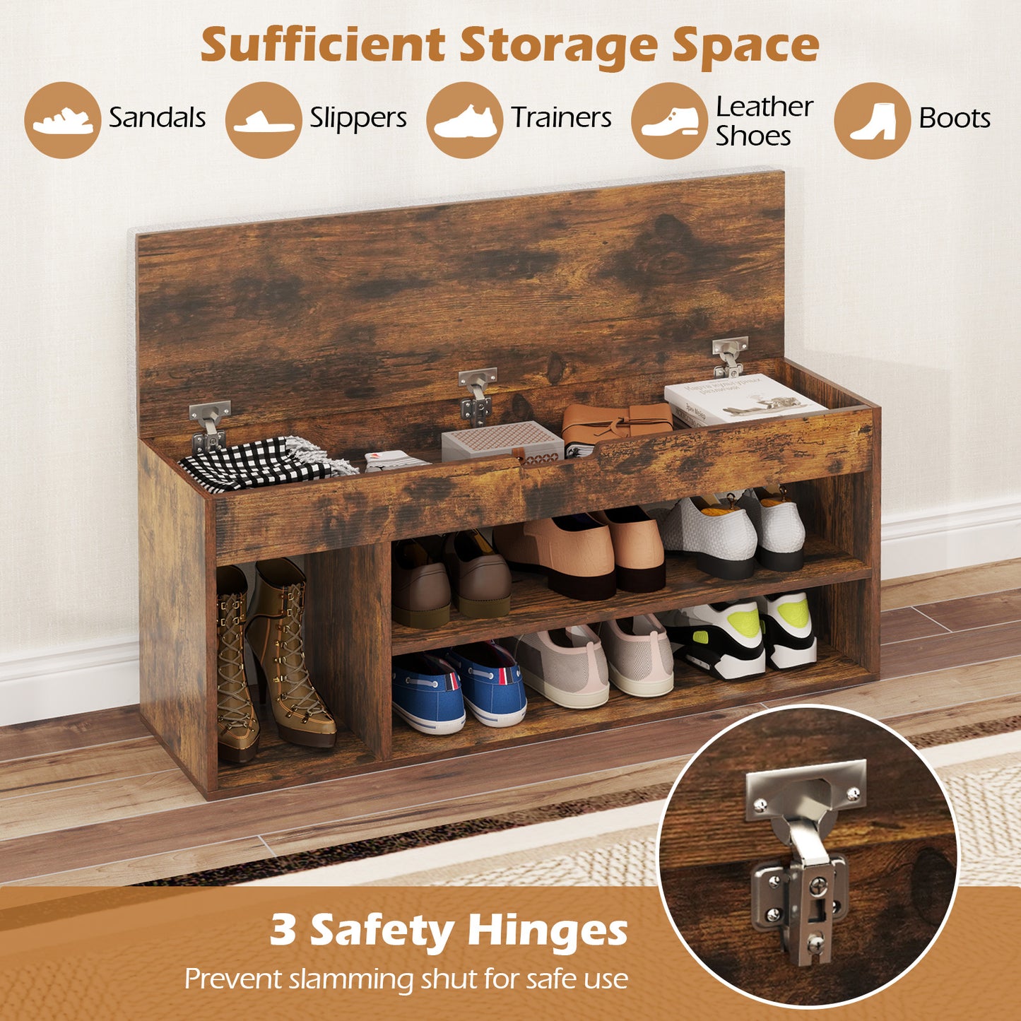Padded Seat Shoe Bench with Hidden Storage and 3 Open Shelves