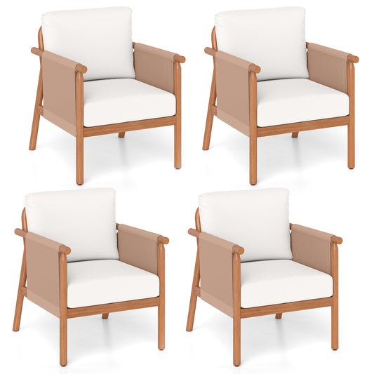 Patio Acacia Wood Chair Set of 4 with Woven Rope Armrests and Seat Back Cushions for Backyard