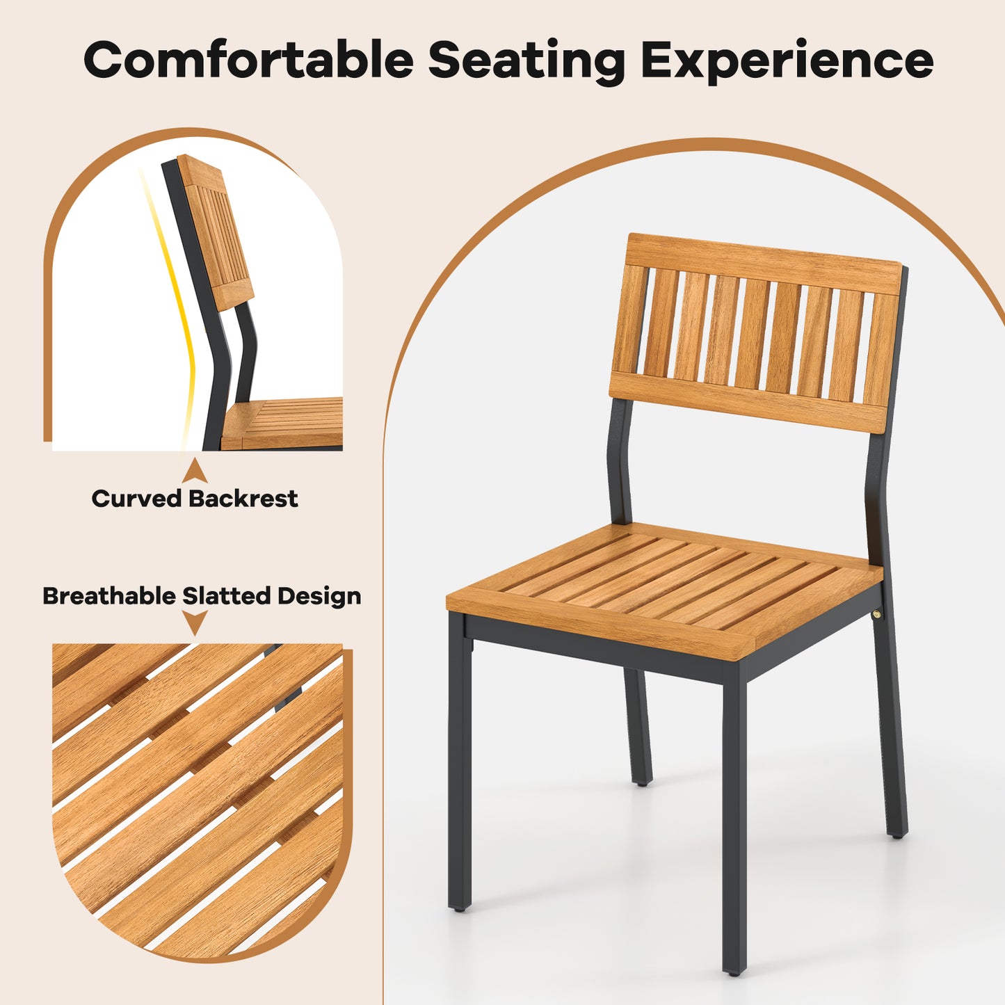 Patio Dining Chair Set of 2 with Metal and Acacia Wood Frame