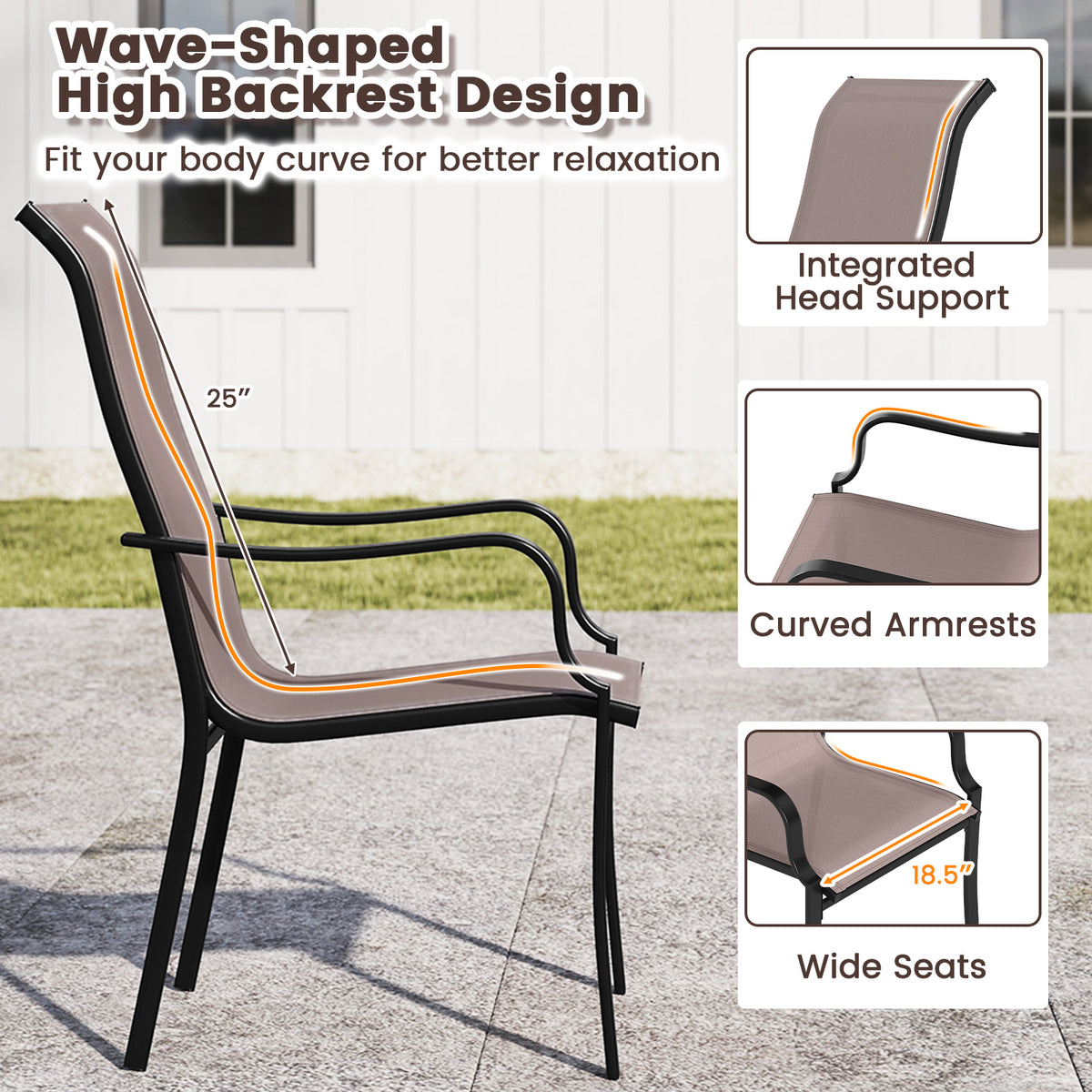 Patio Dining Chair Set of 2 with Wide Seat and Heavy-Duty Metal Frame-Brown