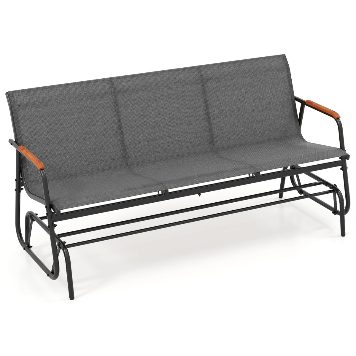 Patio Glider Bench with Curved Teak Armrests and Breathable Fabric Seat for 3 People-Grey - Grey