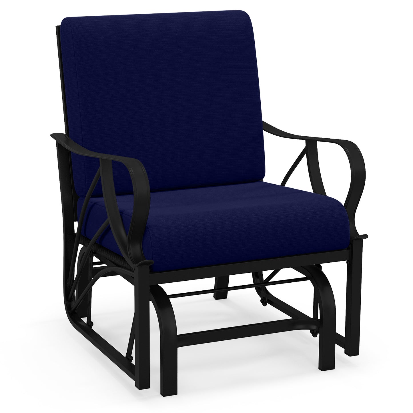 Patio Glider Rocking Chair with Thick Cushion and Curved Armrest-Black - Navy