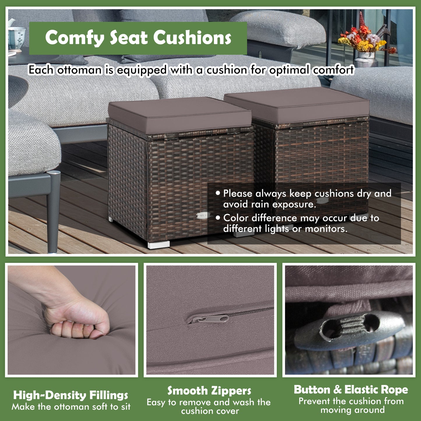 2 Pieces Patio Ottoman with Removable Cushions-Gray