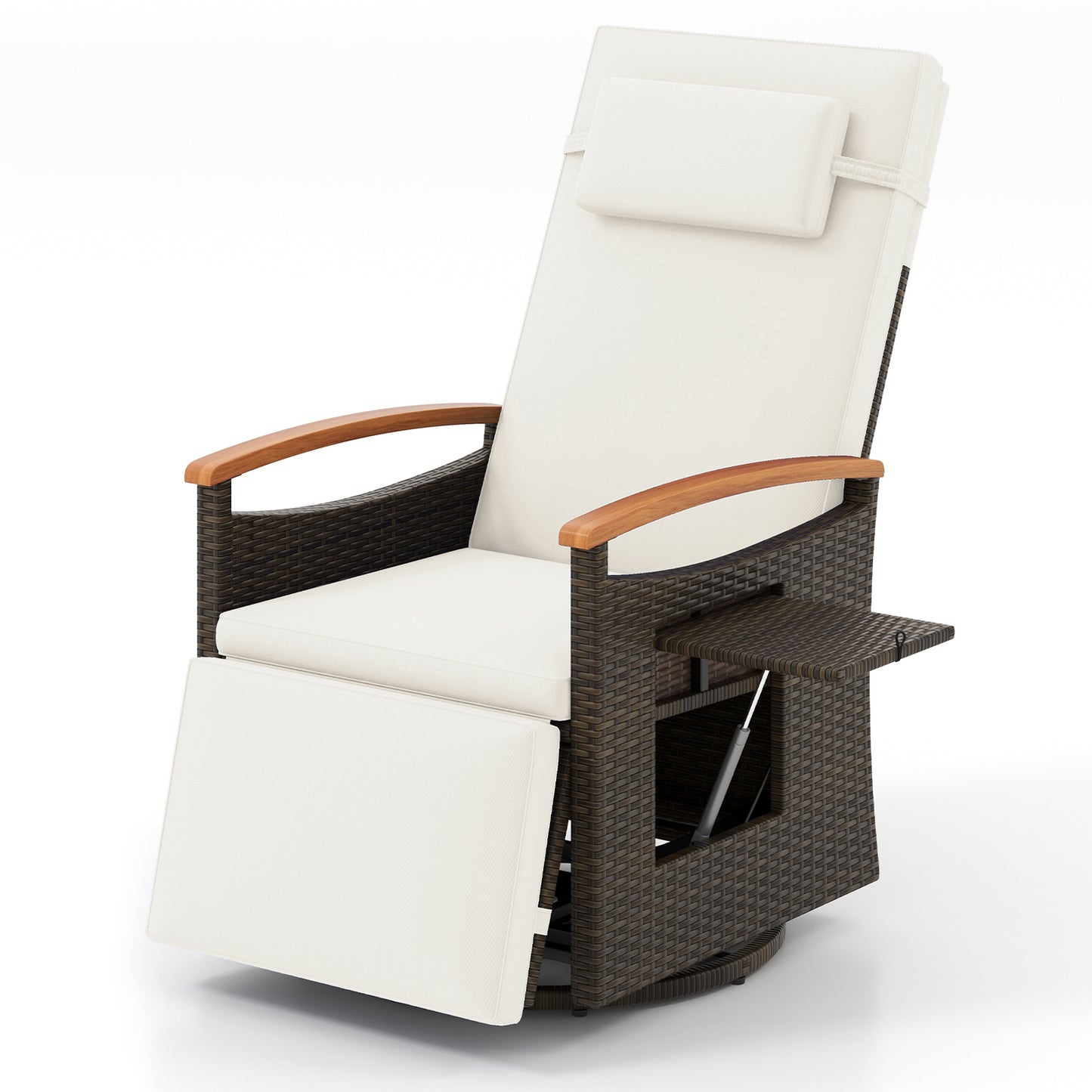 Patio Rattan 360° Swivel Recliner Chair with Adjustable Backrest and Footrest-Beige - White