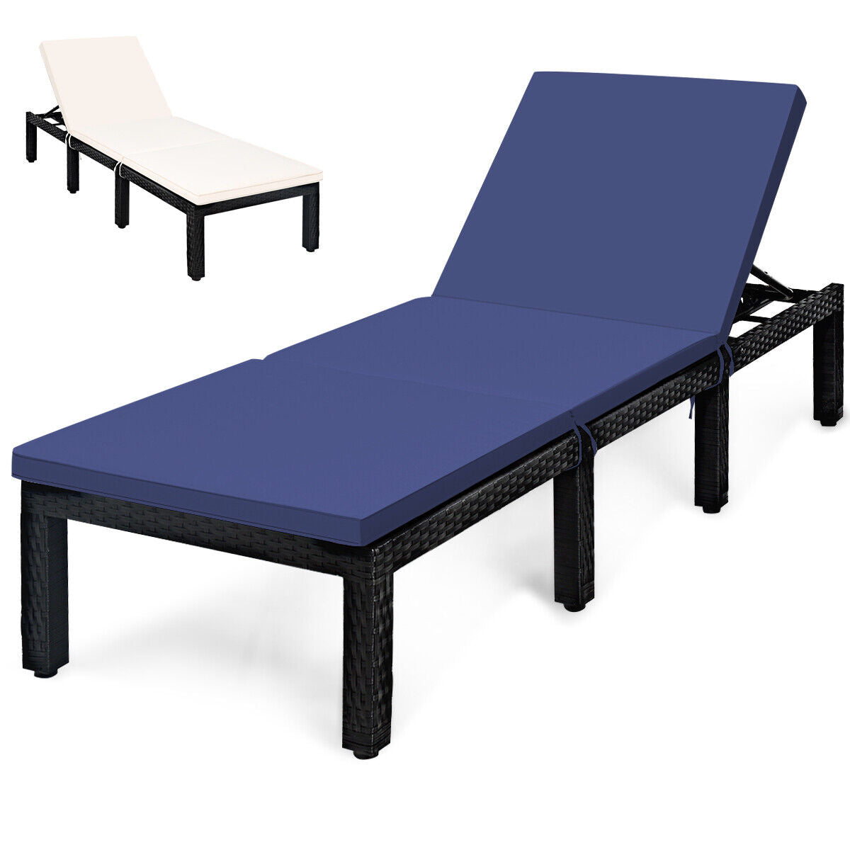 Patio Rattan Cushioned Height Adjustable Lounge Chair-Navy & Off White - Navy & Off White