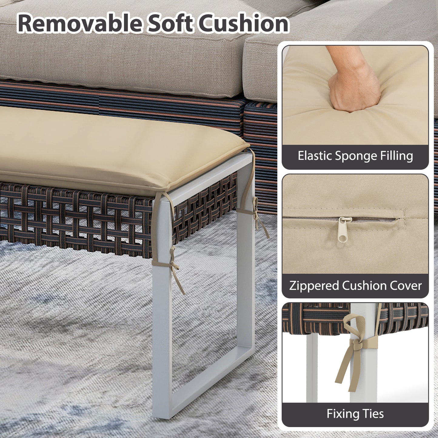 43 Inch Patio Rectangle Ottoman Pack of 2 with Metal Legs and Seat Cushion-Beige