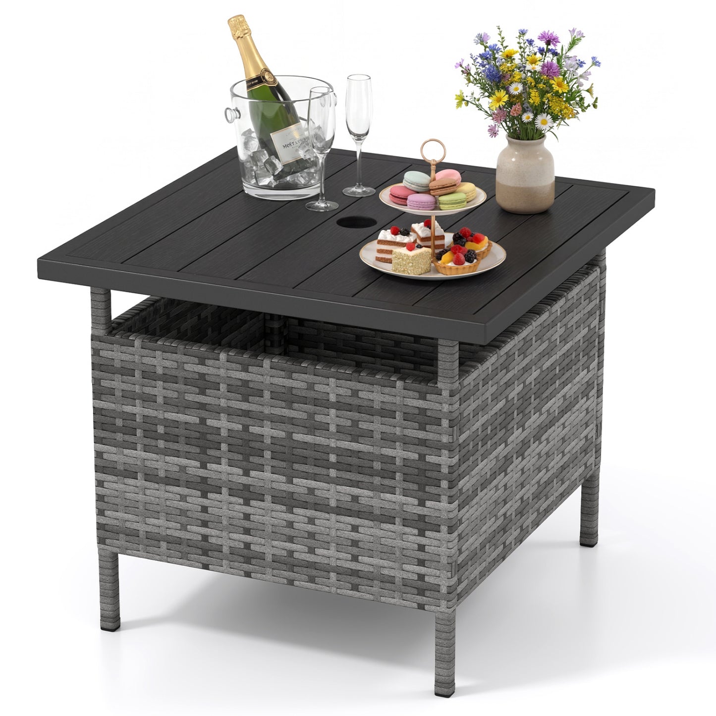 Patio Square Wicker Side Table with Umbrella Hole for Yard-Black - Gray