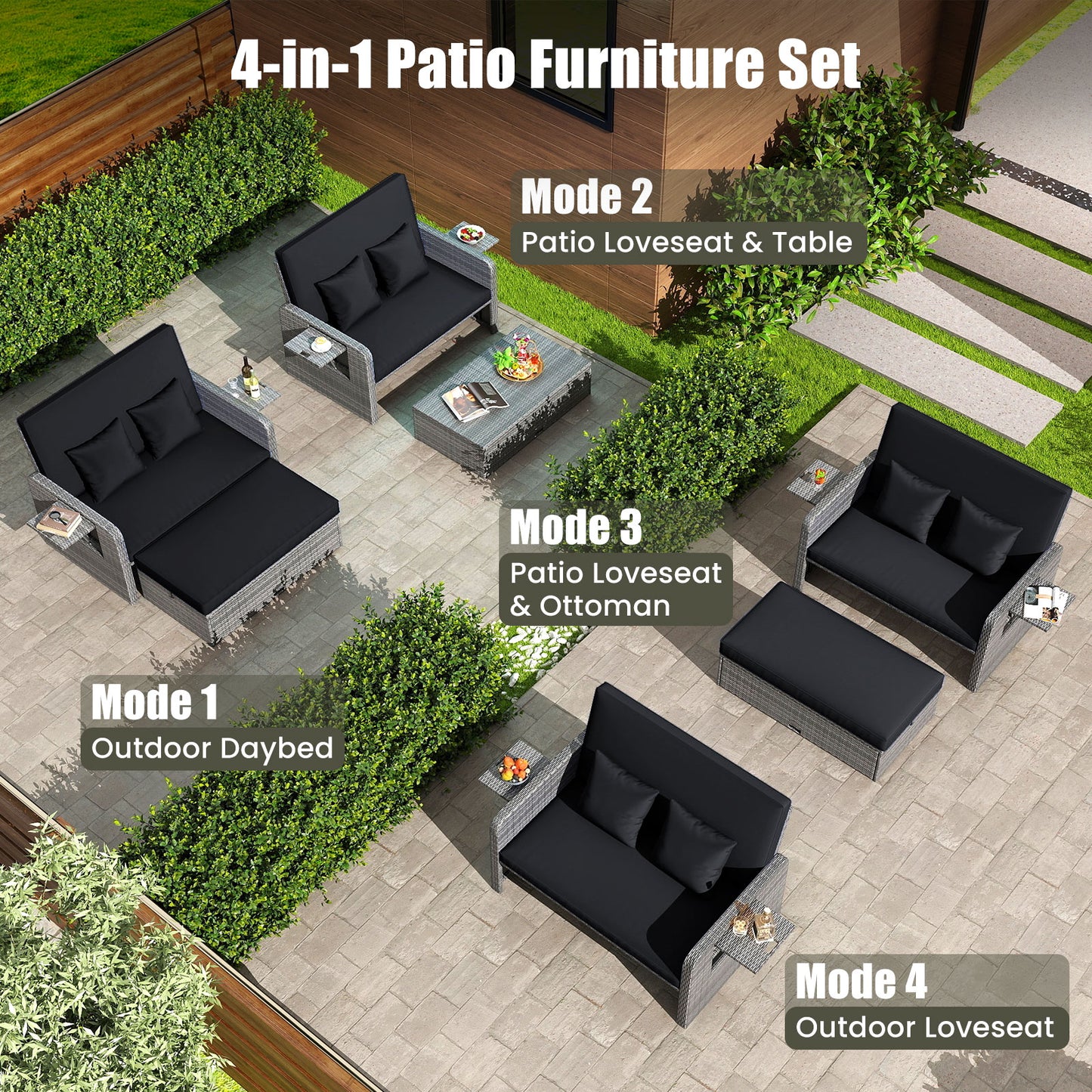 Patio Wicker Loveseat Sofa with Multipurpose Ottoman and Retractable Side Tray-Black