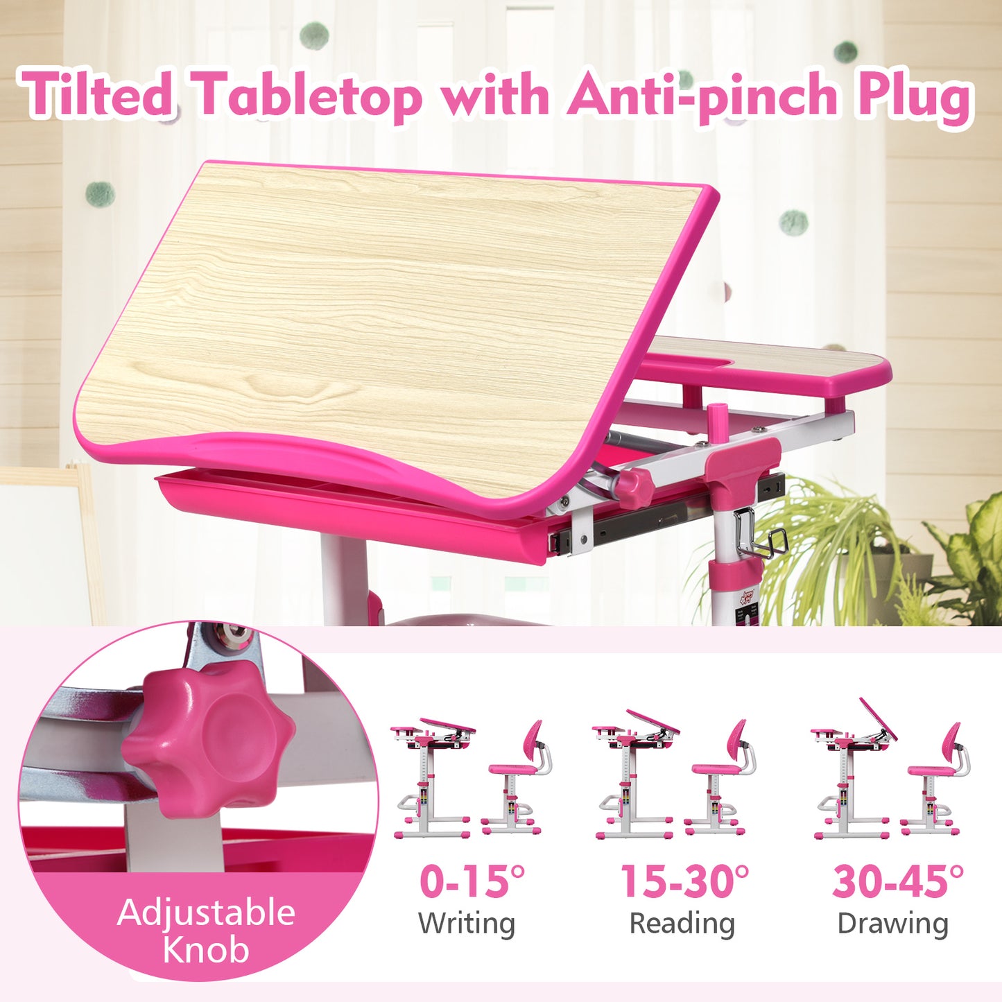 Height Adjustable Kids Study Desk and Chair Set-Pink