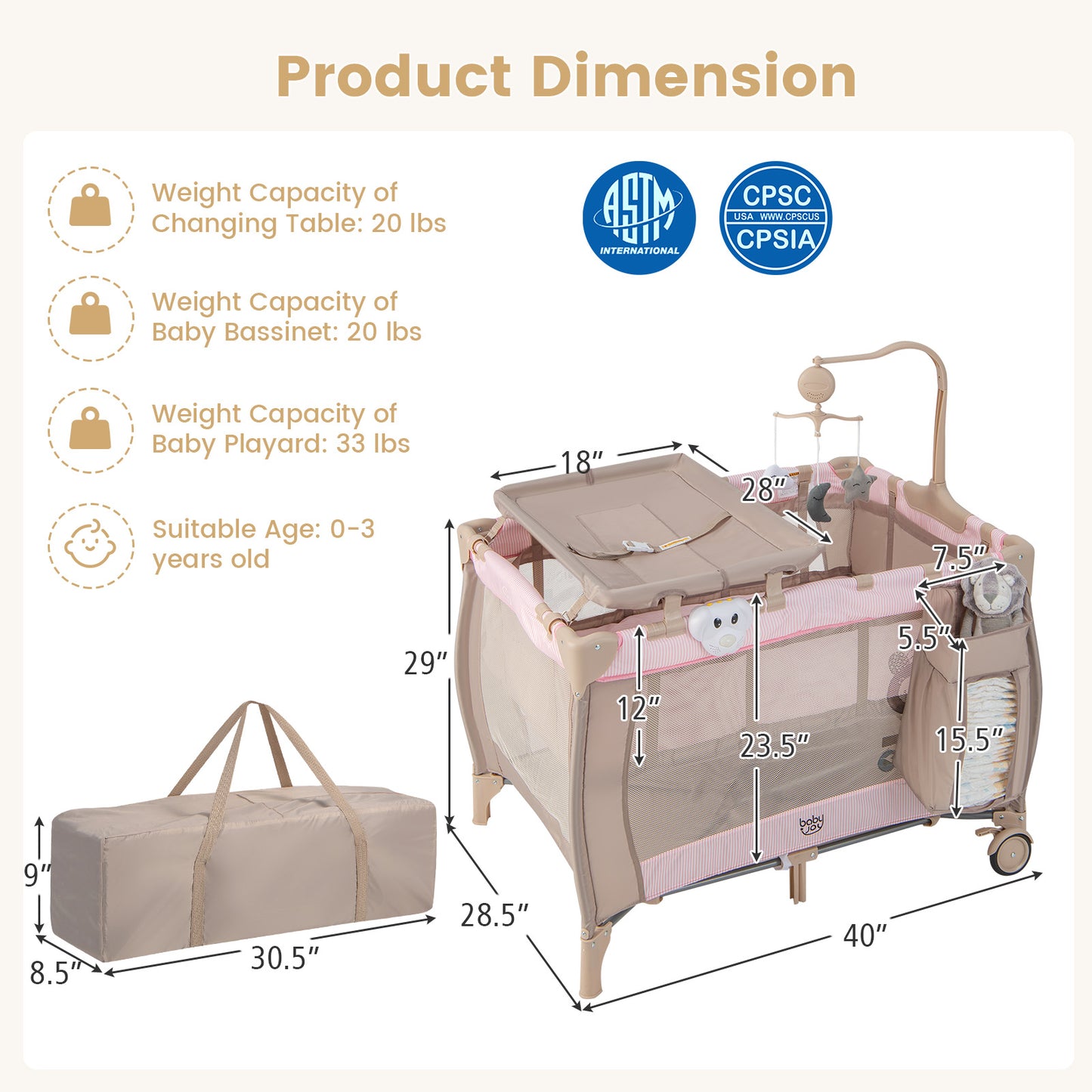 Portable Baby Playard with Changing Table Bassinet and Music Box-Multicolor - Pink