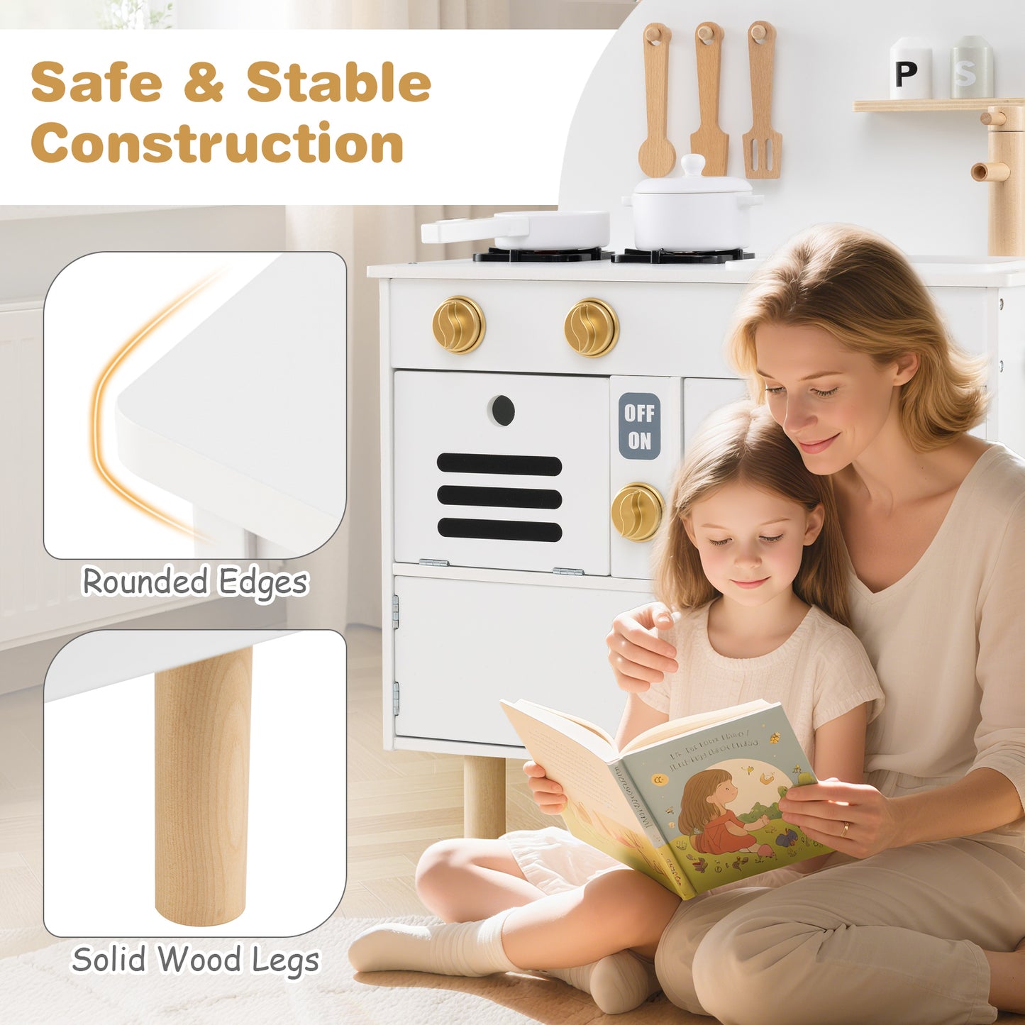 Play Kitchen for Kids Wooden Kitchen Playset with Stoves Faucet Sink Microwave and Oven-White