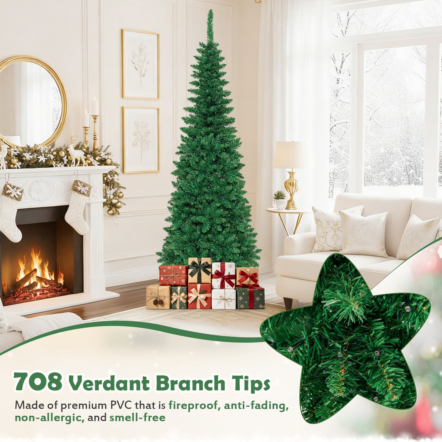 Pre-Lit Hinged Artificial Pencil Christmas Tree-6.5 Feet