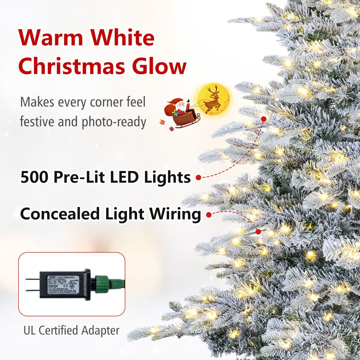 Pre-Lit Snow Flocked Artificial Christmas Tree with Easy-Setup Hinges for Holiday