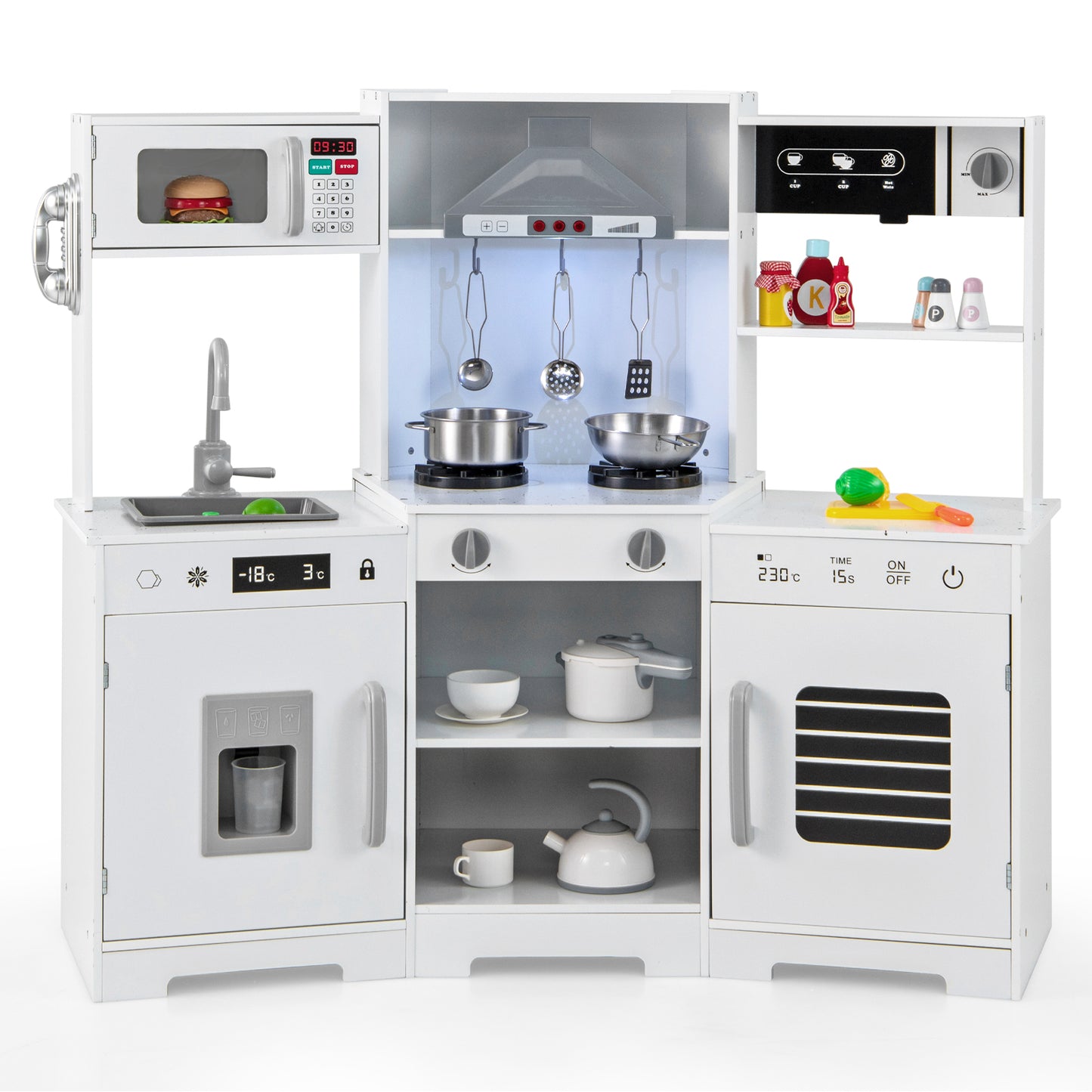 Pretend Play Kitchen Wooden Toy Set with Range Hood Real Sounds and Lights-Pink - White