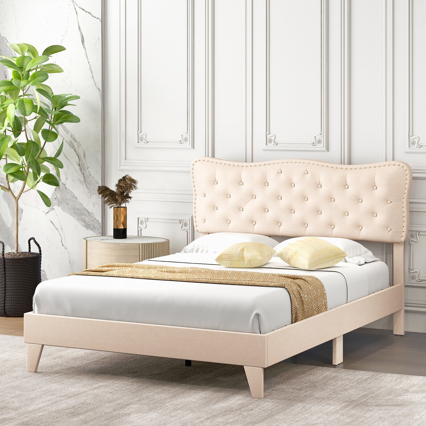 Full/Queen Size Bed Frame with Nail Headboard and Wooden Slats-Queen Size