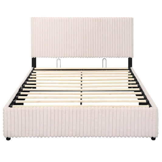 Queen Size Lift-up Storage Bed with Wooden Slat Support-Beige