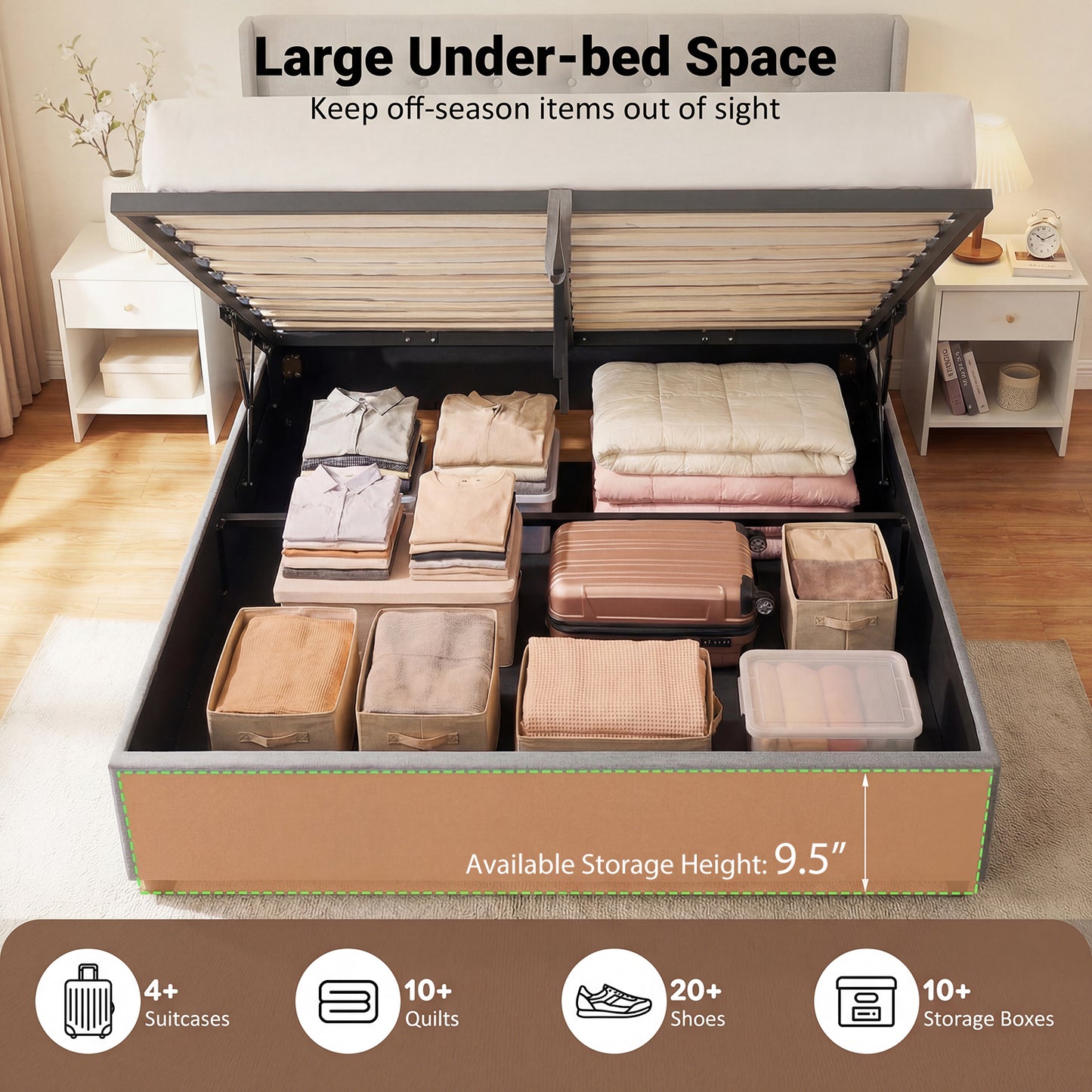 Queen Size Lift-up Storage Bed Modern Linen Upholstered Platform Bed-Gray