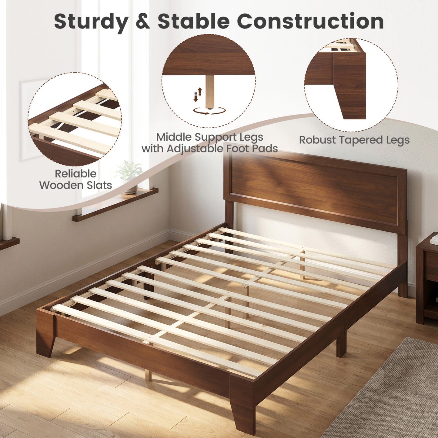 Queen Size Platform Bed Frame with Headboard - White