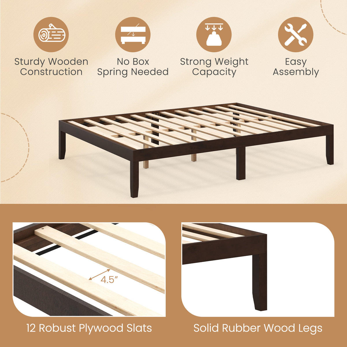 Queen Size Wood Bed Frame with Wooden Slats Support and Rubber Wood Legs
