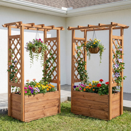 Raised Garden Bed with Lattice Trellises with Hanging Roof Set of 2