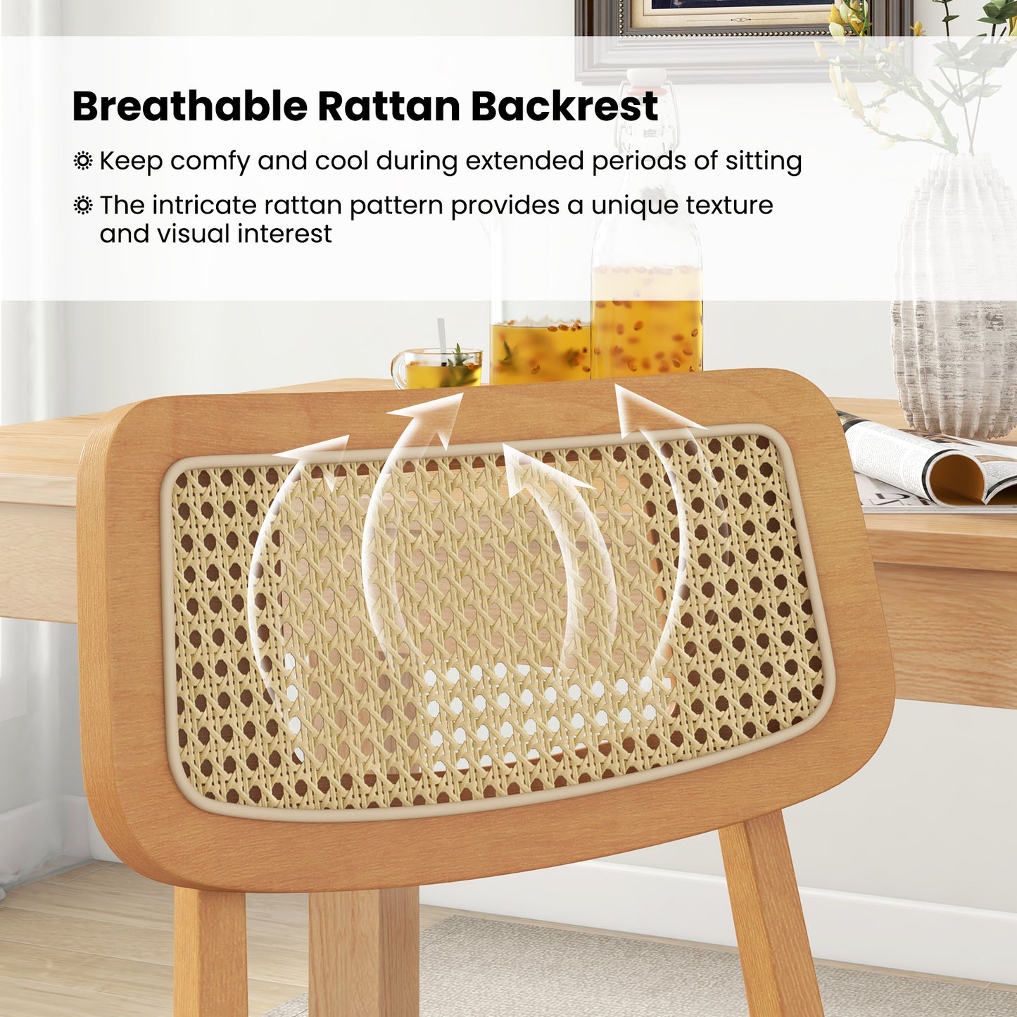 Rattan Dining Chair Set of 2 with Can Back and Rubber Wood Frame-Natural