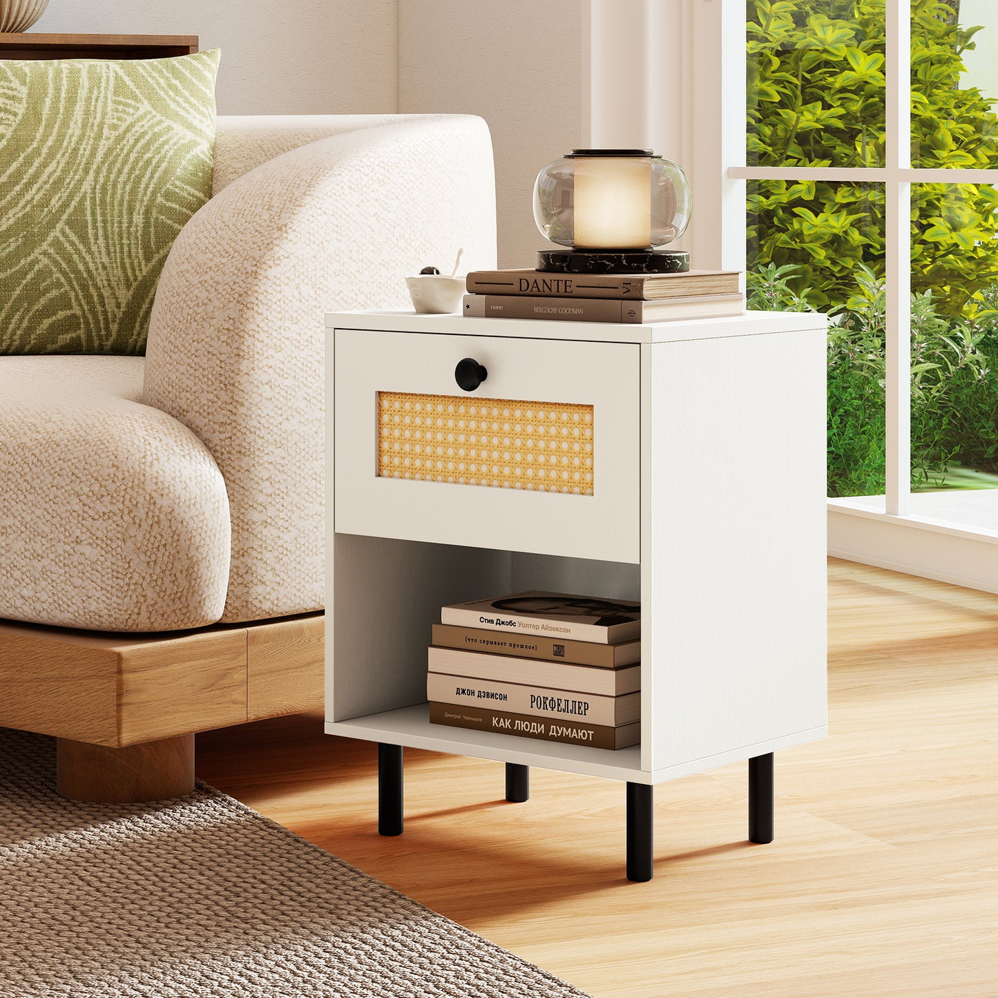 Rattan Nightstand Boho End Table with Rattan Drawer and Open Shelf Set of 2-Natural - White