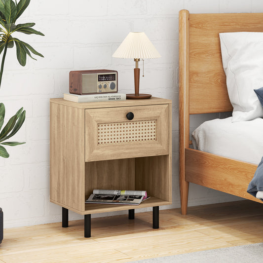 Rattan Nightstand Boho End Table with Rattan Drawer and Open Shelf-Natural
