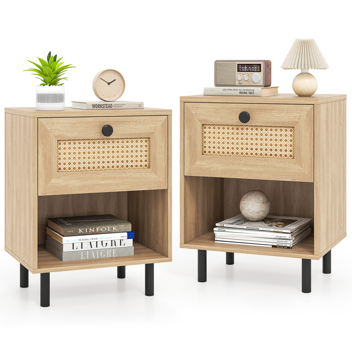 Rattan Nightstand Boho End Table with Rattan Drawer and Open Shelf Set of 2-Natural - Natural