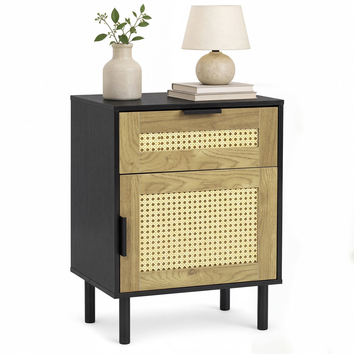 Rattan Nightstand with Drawer and Storage Cabinet