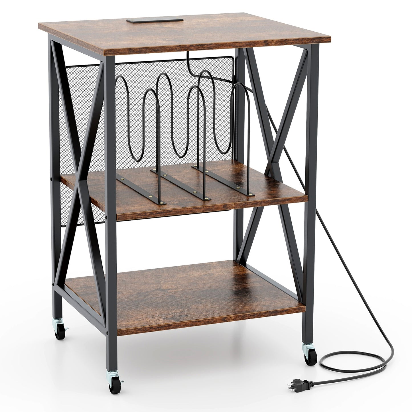 Mid-Century Record Player Stand with Built-in Charging Station-Rustic Brown - Rustic Brown