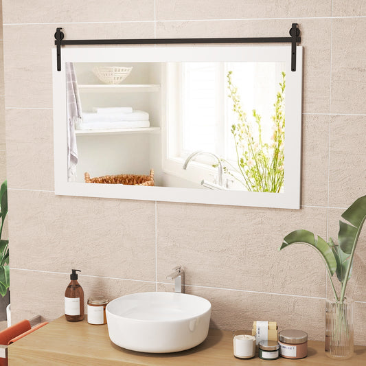 Rectangle Barn Door Style Wall Mounted Mirror with Solid Wood Frame-White