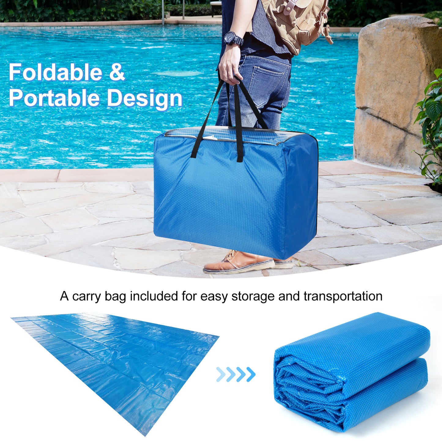 Rectangle Swimming Pool Cover 12-MIL Heat Retaining Pool Solar Blanket with Carrying Bag-32FT x 16FT