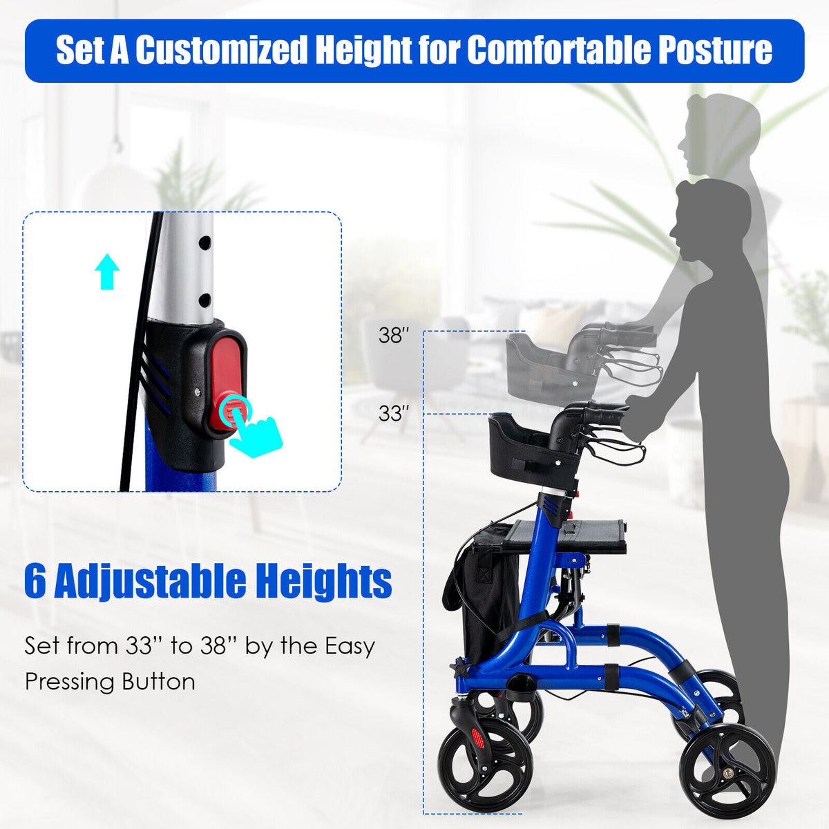 Folding Aluminum Rollator Walker with 8 inch Wheels and Seat