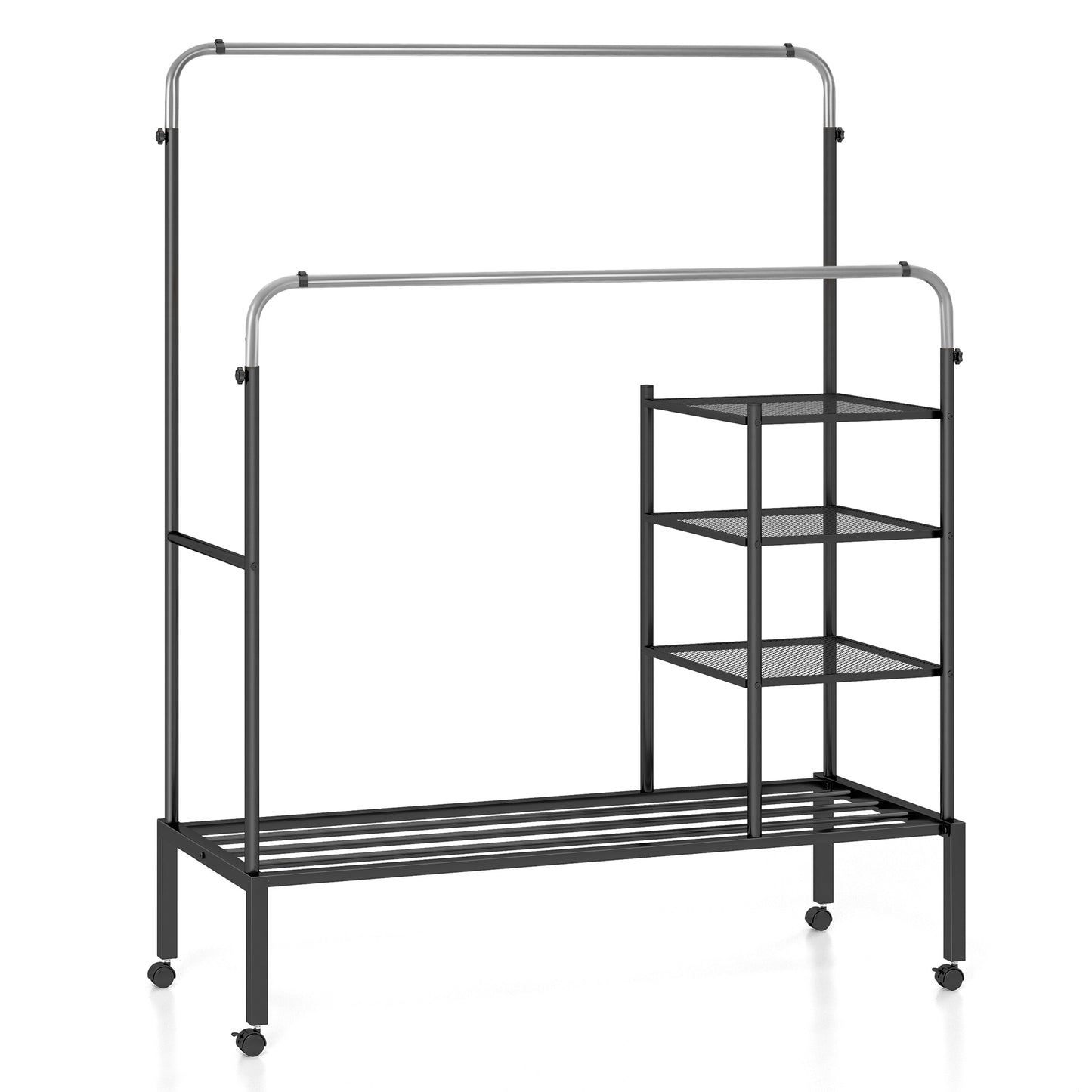 Rolling Double Rods Garment Rack with Height Adjustable Hanging Bars-Golden - Silver