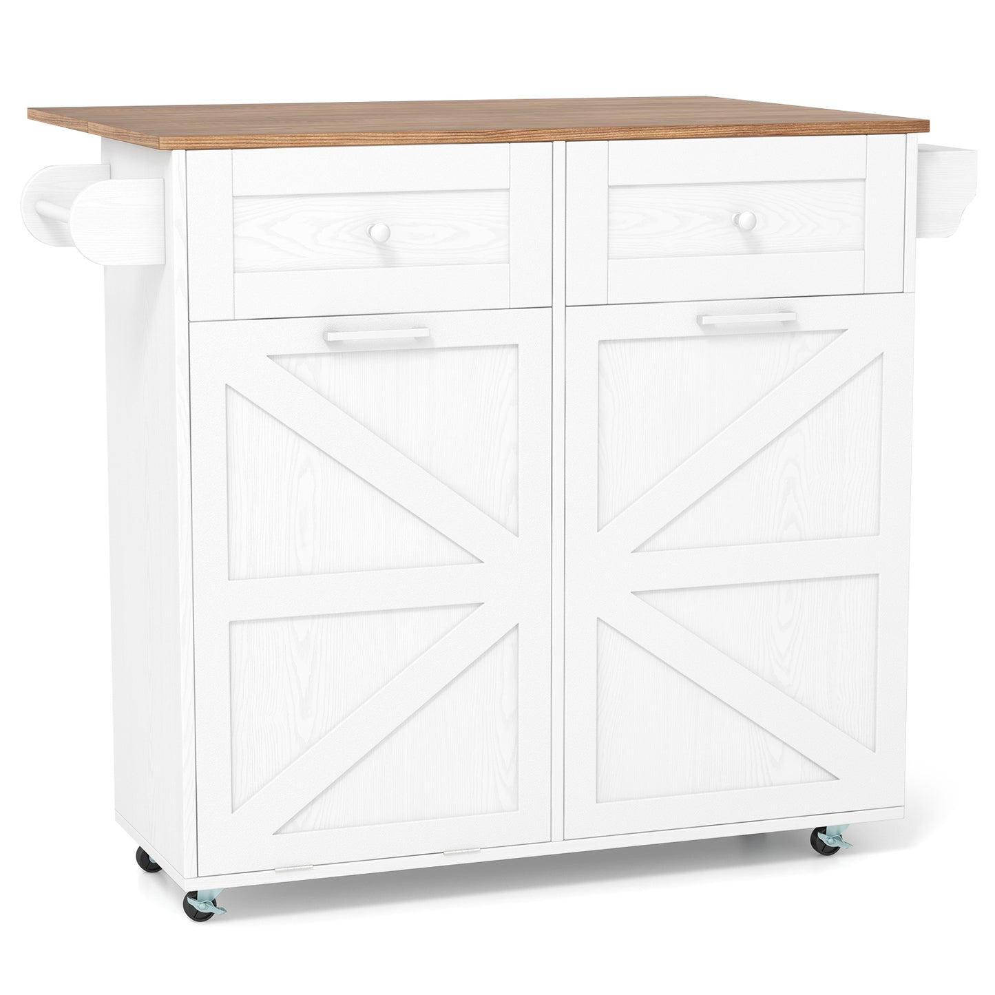 Rolling Kitchen Island with Trash Can Cabinet and Rubber Universal Wheels-White - White