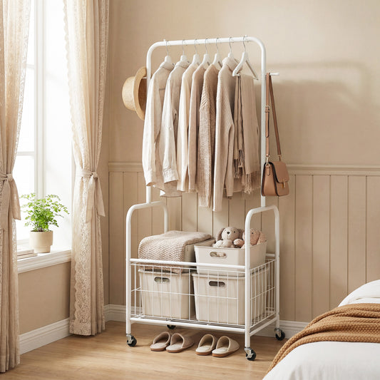 Rolling Metal Clothes Rack with Hanging Rod and Storage Basket
