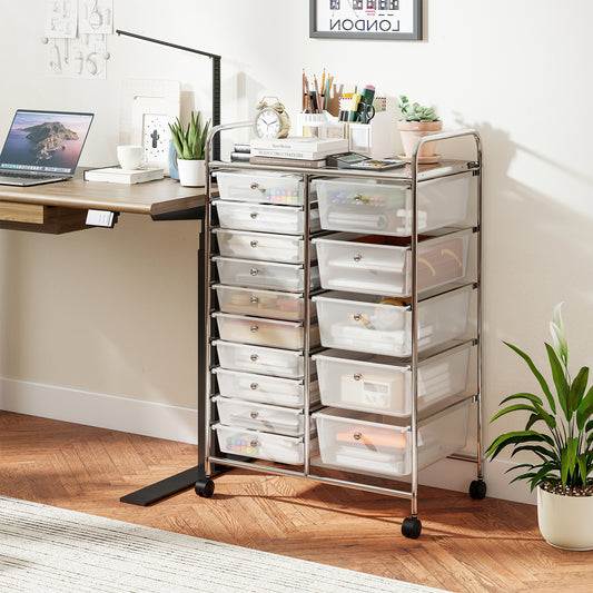 Rolling Storage Cart 15-Drawer Trolley with Chrome Plated Metal Frame-Transparent