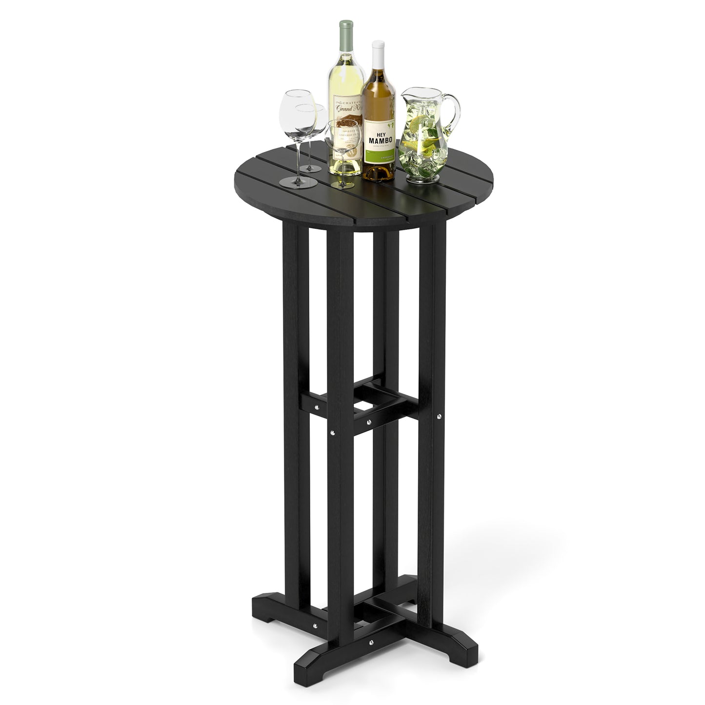 21.5 Inch Round Bar Table Patio HDPE Bar Height Dining Table with Slatted Tabletop-Gray - Black