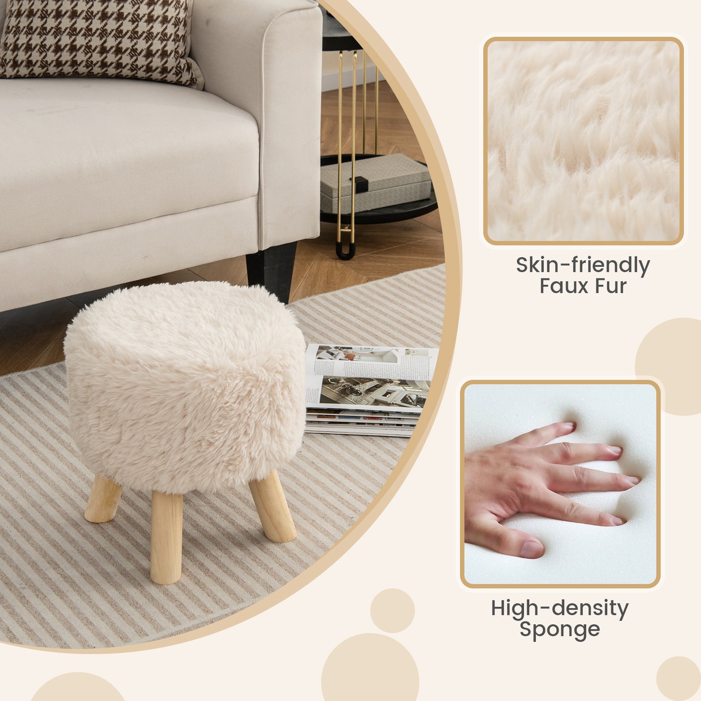 Round Footstool Ottoman Faux Fur Footrest with Padded Seat and Rubber Wood Legs-White