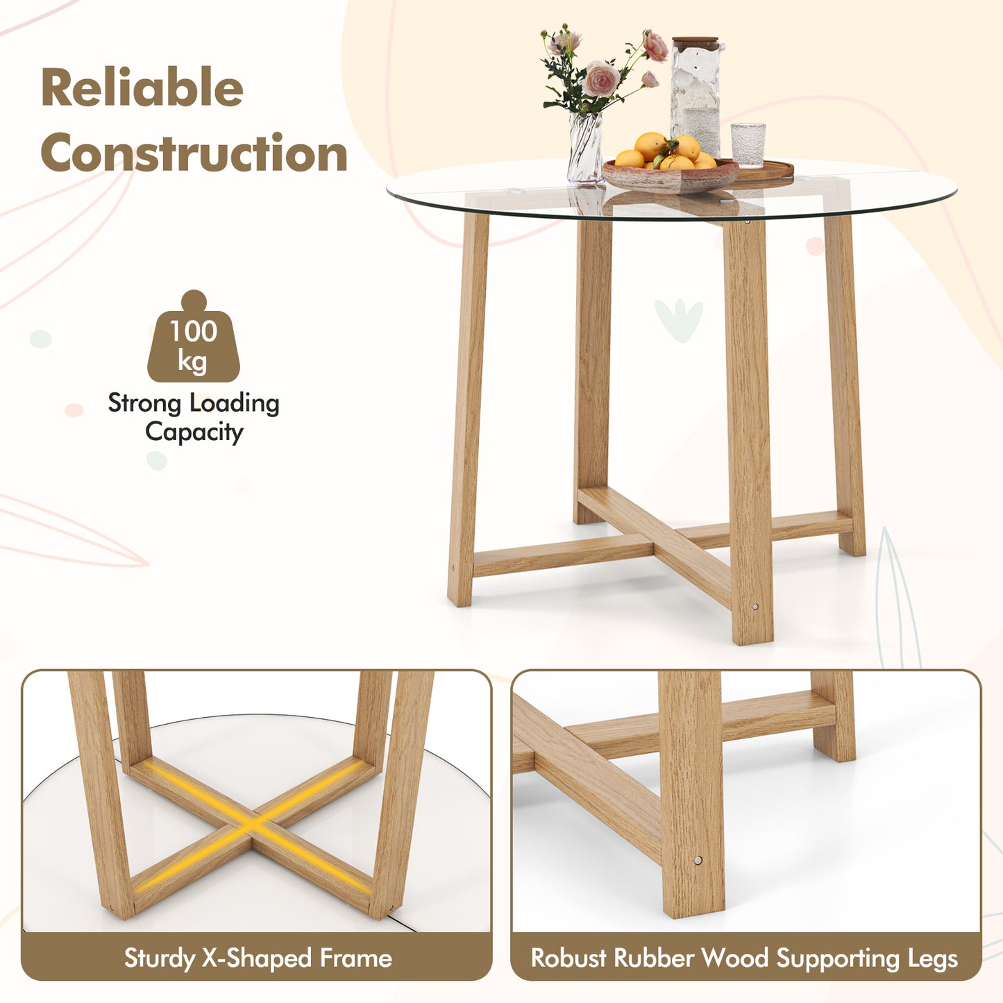 42 Inches Round Glass Dining Table with Tempered Glass Tabletop and Rubber Wood Legs-Natural