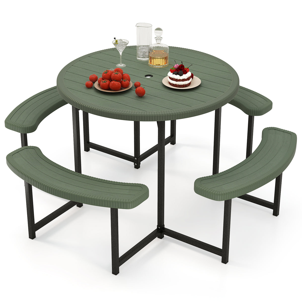 Round Picnic Table Bench Set with 4 Benches and Umbrella Hole for Patio Lawn-Green - Green
