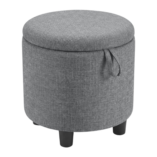 Round Storage Ottoman Linen Fabric Upholstered Footrest Stool-Gray