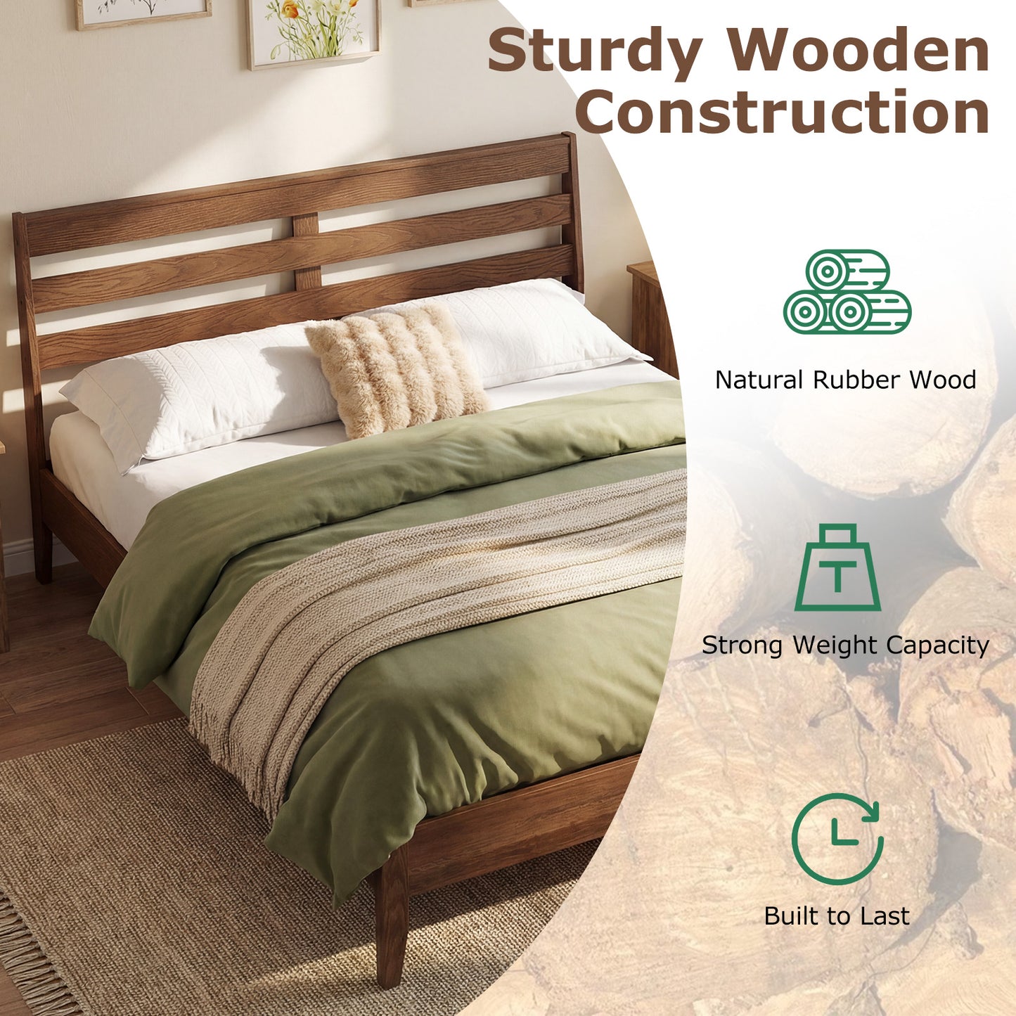 Queen Size Wood Platform Bed Frame with Slat Headboard