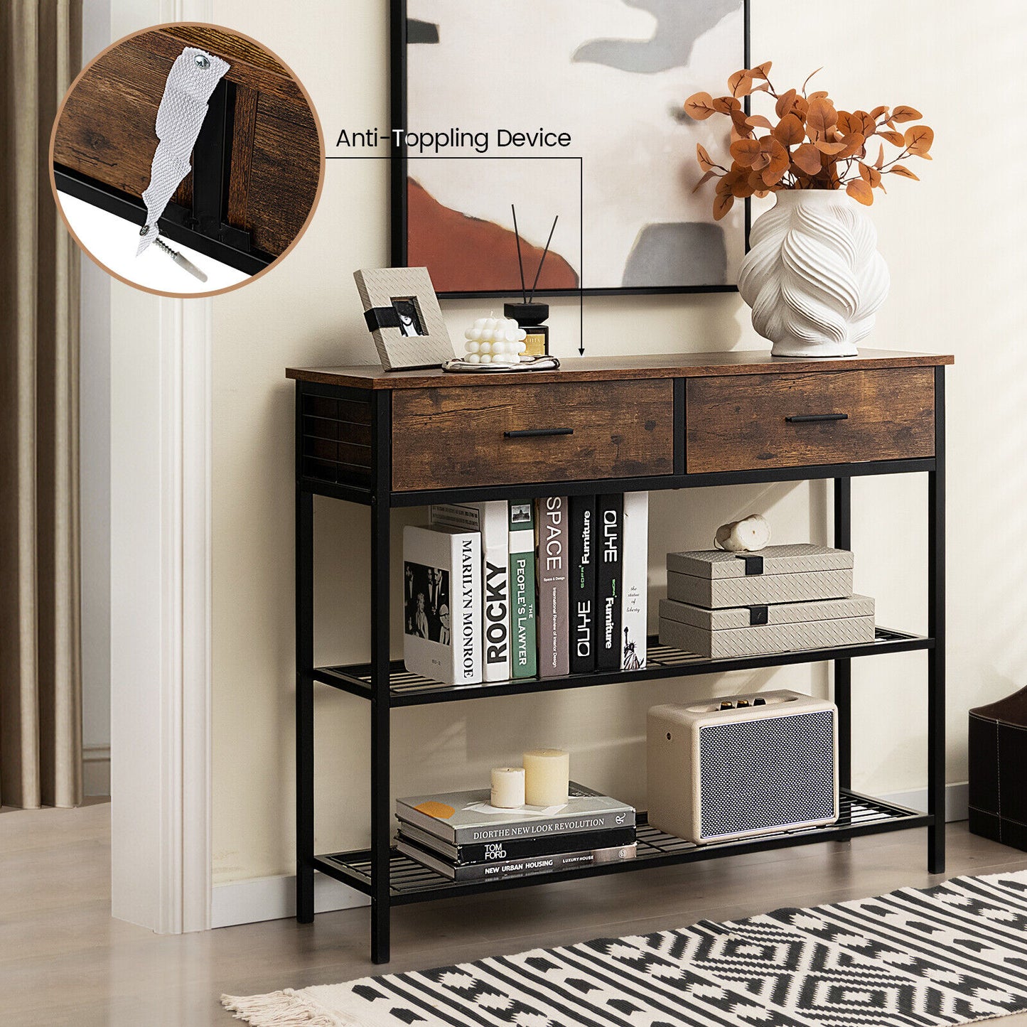 39.5 Inch Entryway Table with 2 Drawers and 2-Tier Shelves-Rustic Brown - Rustic Brown