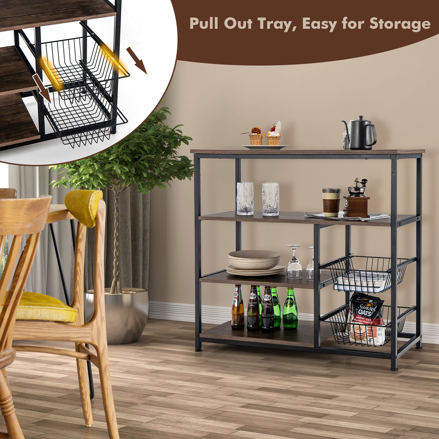 4-Tier Industrial Kitchen Baker's Rack with 2 Wire Baskets-Rustic Brown