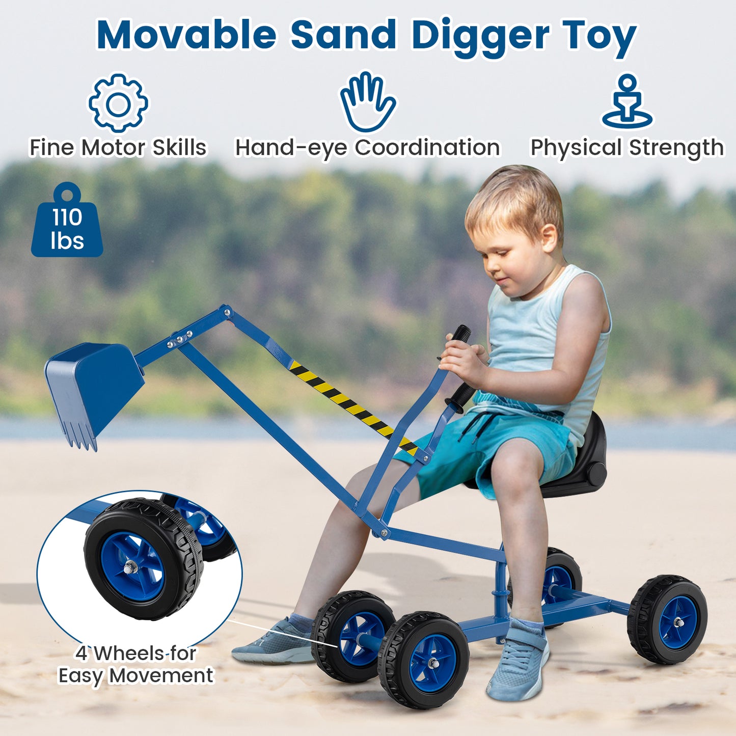 Sand Digger for Kids with 2-Handed Controls and Flexible Shovel-Blue