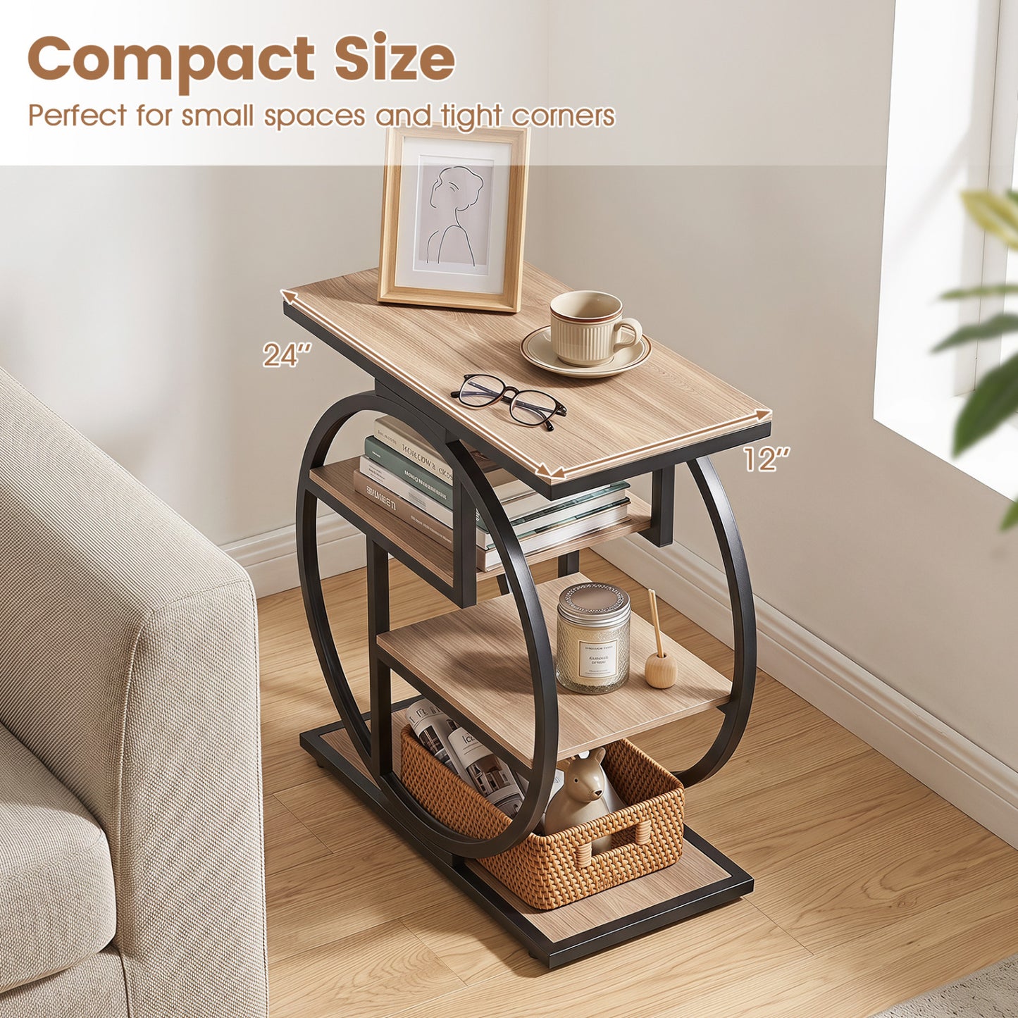 4-Tier Narrow End Table Set of 2 with Storage Shelves