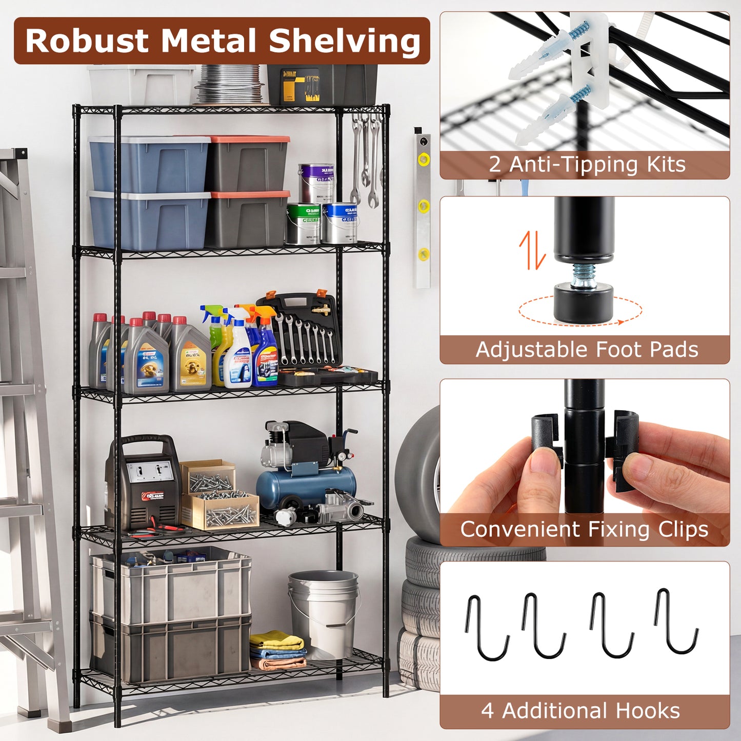 Set of 2 5-Tier Metal Storage Shelving Unit with V-Shaped Wire Rack and 1250 LBS Capacity-Black